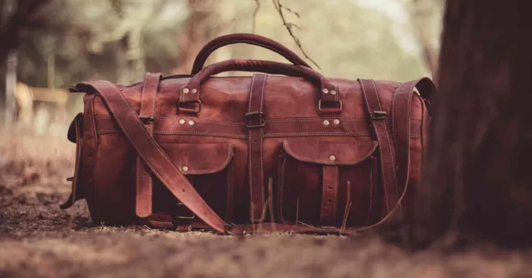 Leather duffel bag on the ground