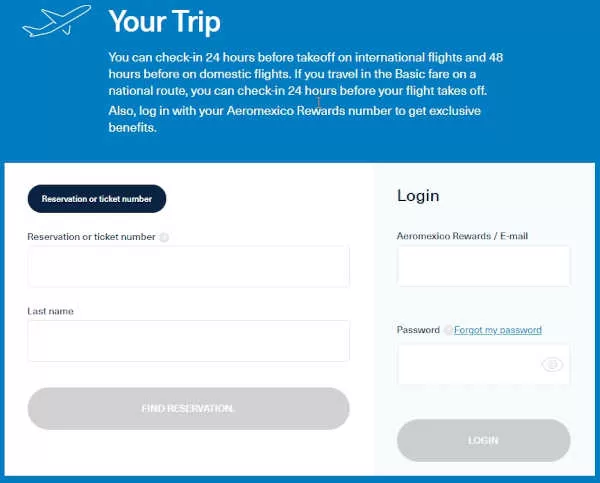 Aeromexico booking login screen
